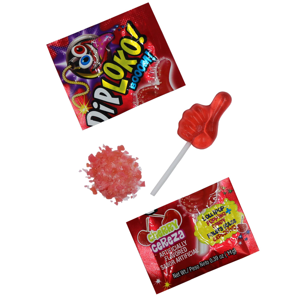 Bære Bageri Sorg CHERRY DIP LOKO LOLLIPOP WITH POPPING CANDY PACK OF 24 – fccandy